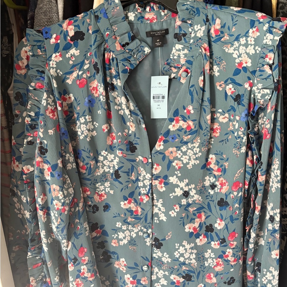 Ann Taylor Floral Ruffle Blouse - Blue and Red